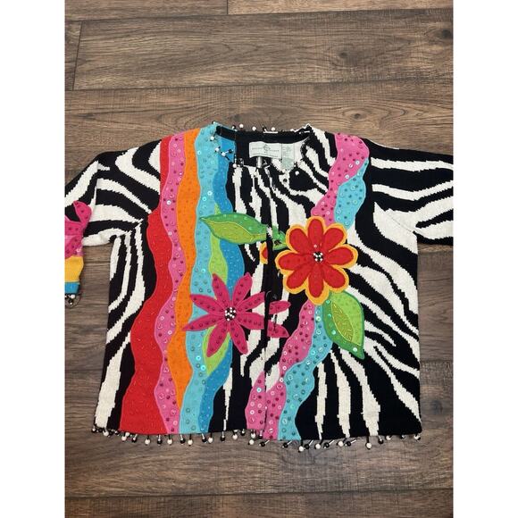 Design Ptions Philip Jane Gordon Cardigan Tropical Floral Bright Zebra Sz L - Picture 1 of 8